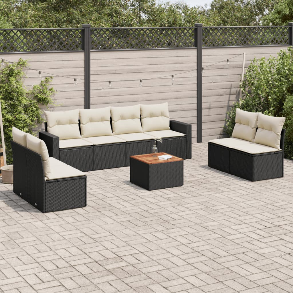 9-delige Loungeset met kussens poly rattan zwart