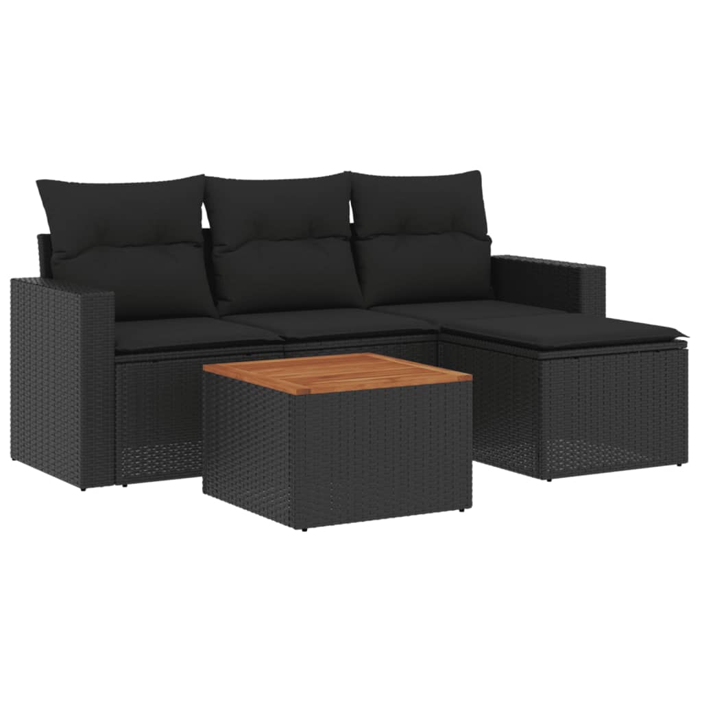 5-delige Loungeset met kussens poly rattan zwart