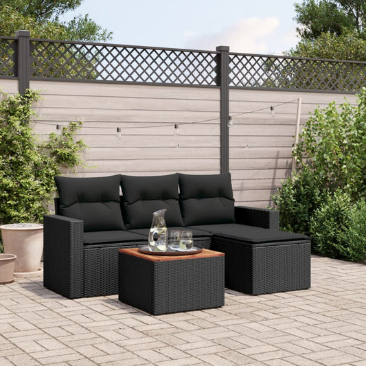 5-delige Loungeset met kussens poly rattan zwart