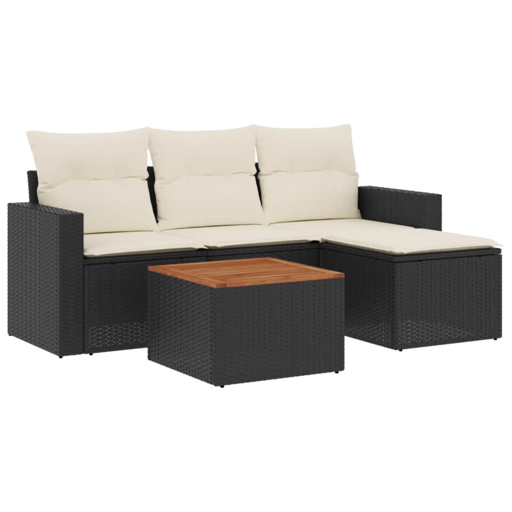 5-delige Loungeset met kussens poly rattan zwart