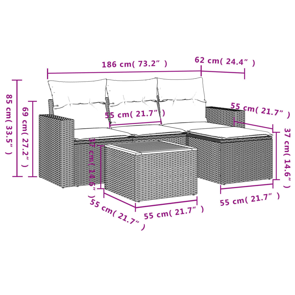 5-delige Loungeset met kussens poly rattan zwart