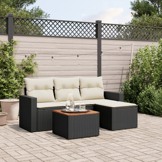 5-delige Loungeset met kussens poly rattan zwart