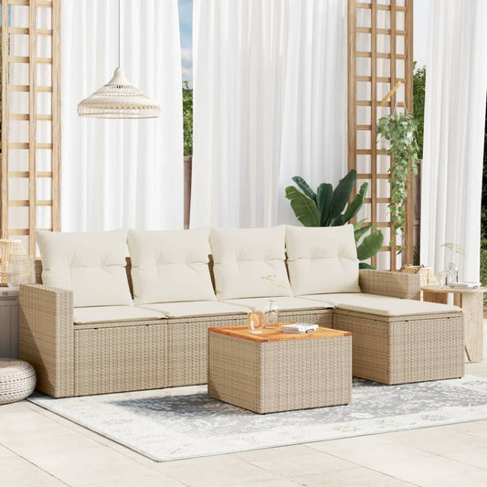 6-delige Loungeset met kussens poly rattan beige