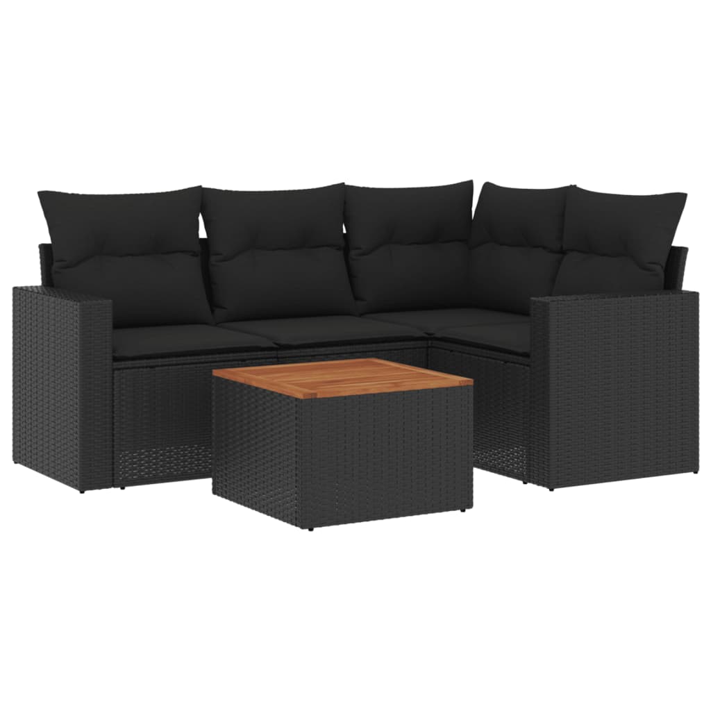 5-delige Loungeset met kussens poly rattan zwart