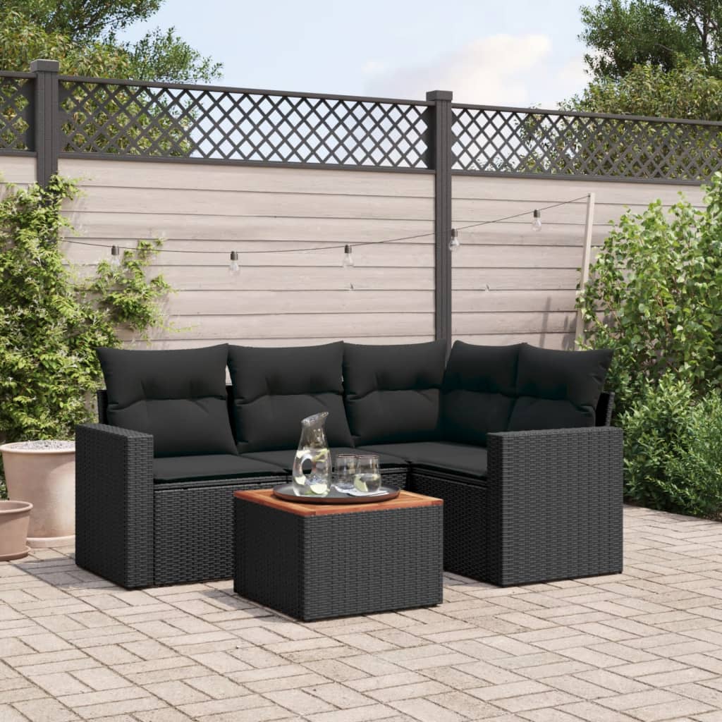 5-delige Loungeset met kussens poly rattan zwart