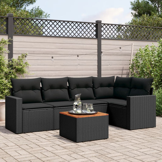 6-delige Loungeset met kussens poly rattan zwart