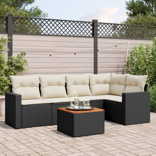 6-delige Loungeset met kussens poly rattan zwart