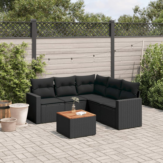 6-delige Loungeset met kussens poly rattan zwart