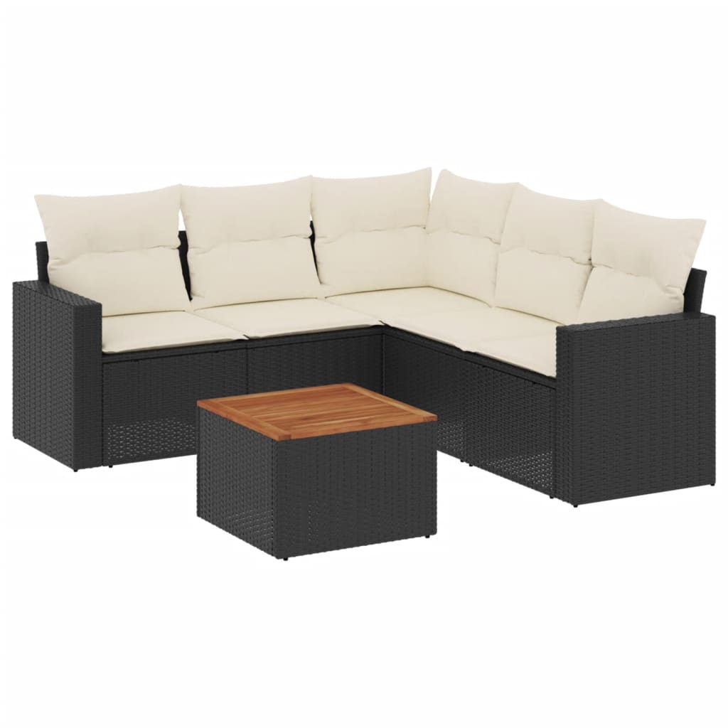 6-delige Loungeset met kussens poly rattan zwart