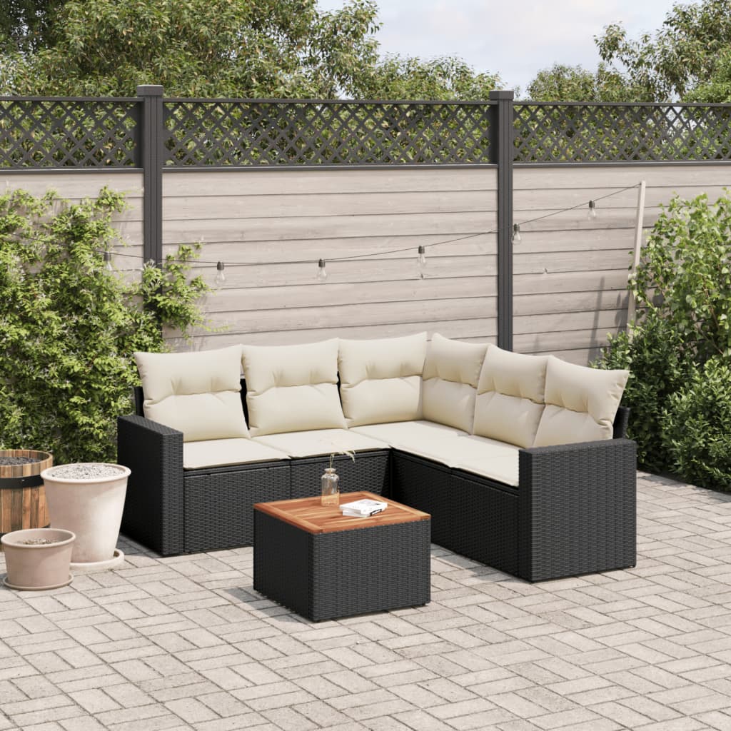 6-delige Loungeset met kussens poly rattan zwart