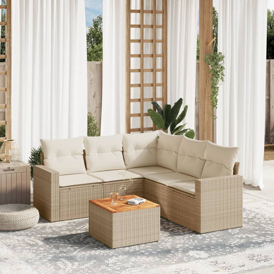 6-delige Loungeset met kussens poly rattan beige