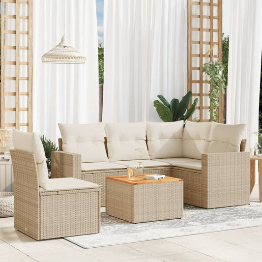 6-delige Loungeset met kussens poly rattan beige