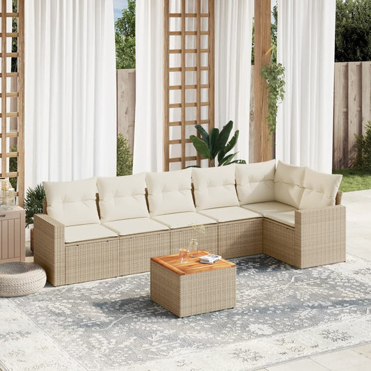 7-delige Loungeset met kussens poly rattan beige