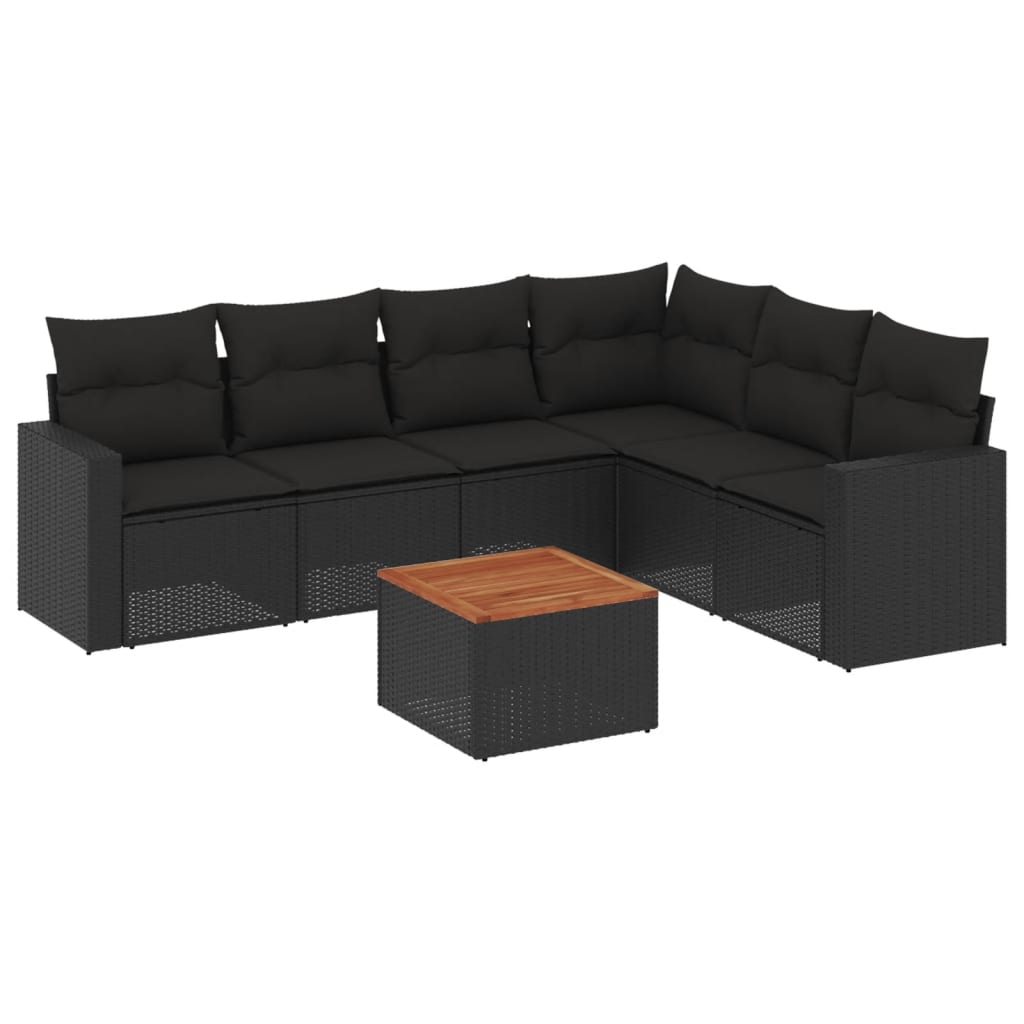 7-delige Loungeset met kussens poly rattan zwart