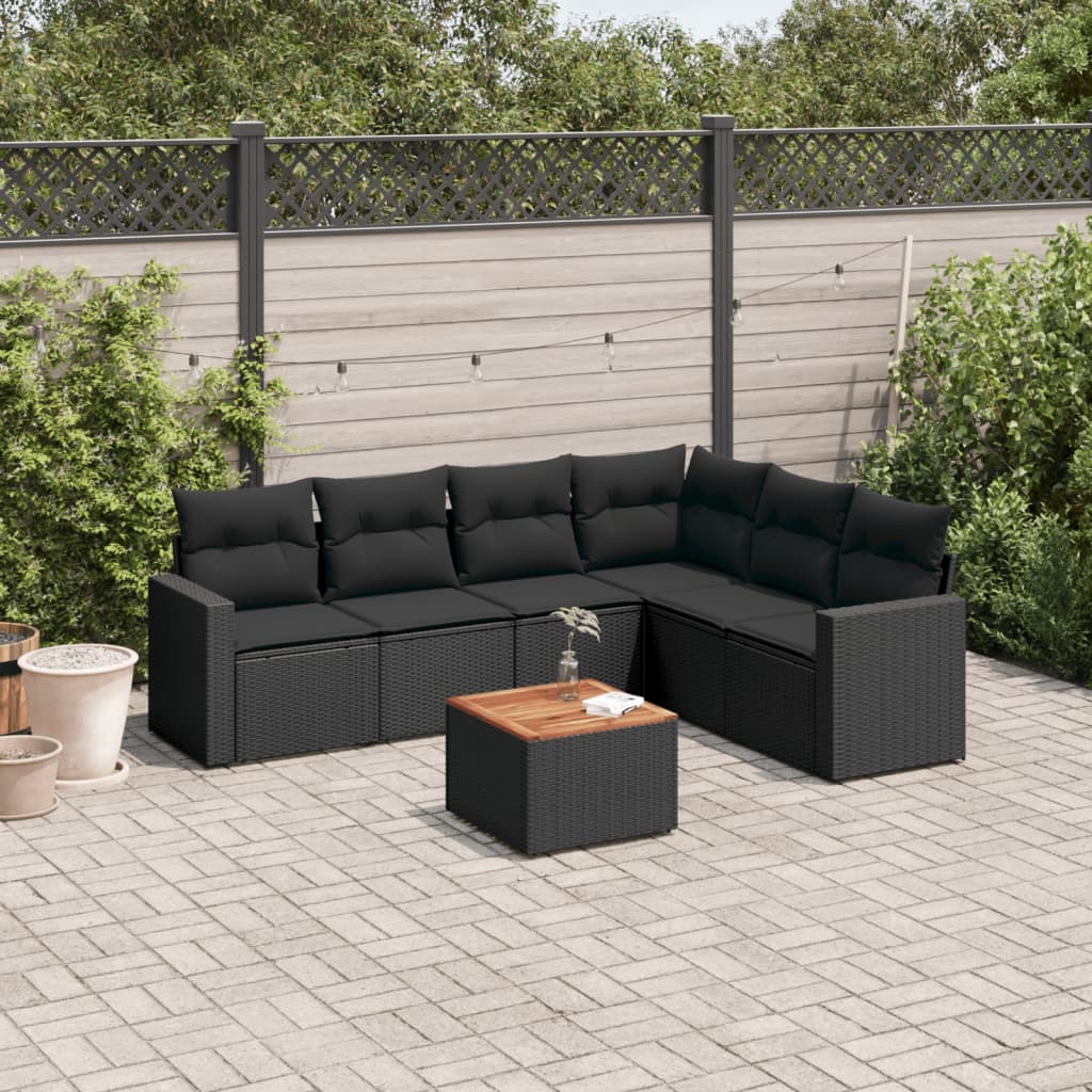 7-delige Loungeset met kussens poly rattan zwart