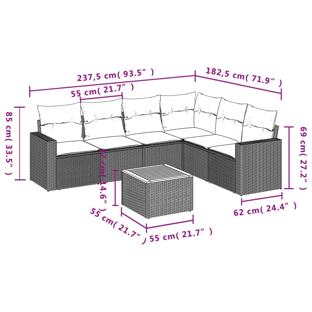 7-delige Loungeset met kussens poly rattan beige