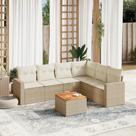 7-delige Loungeset met kussens poly rattan beige