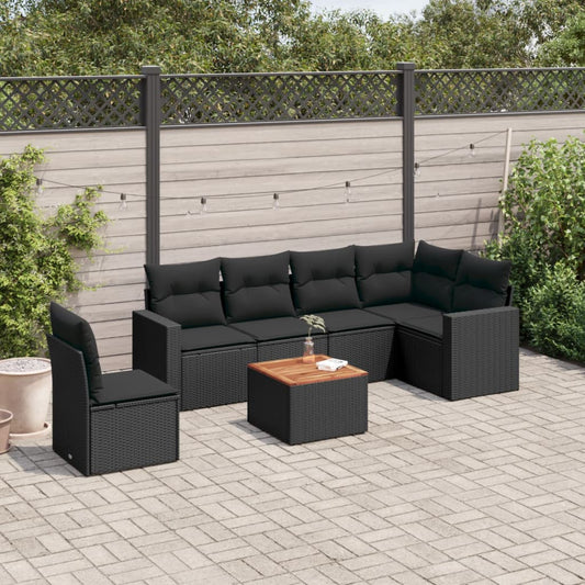 7-delige Loungeset met kussens poly rattan zwart