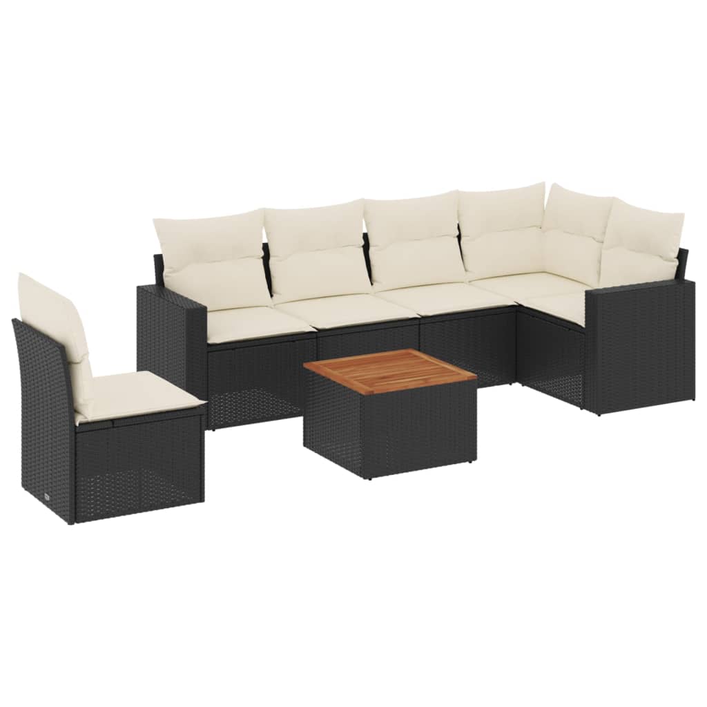 7-delige Loungeset met kussens poly rattan zwart