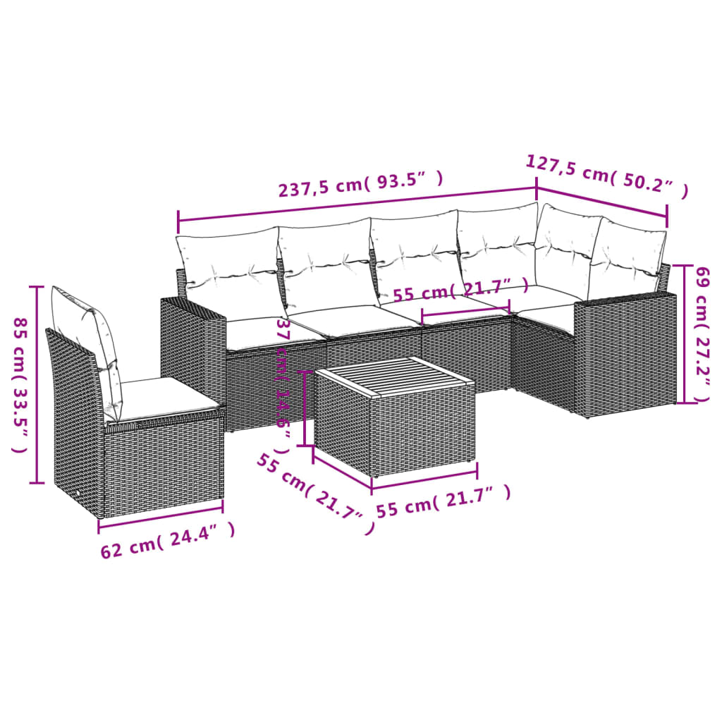 7-delige Loungeset met kussens poly rattan beige