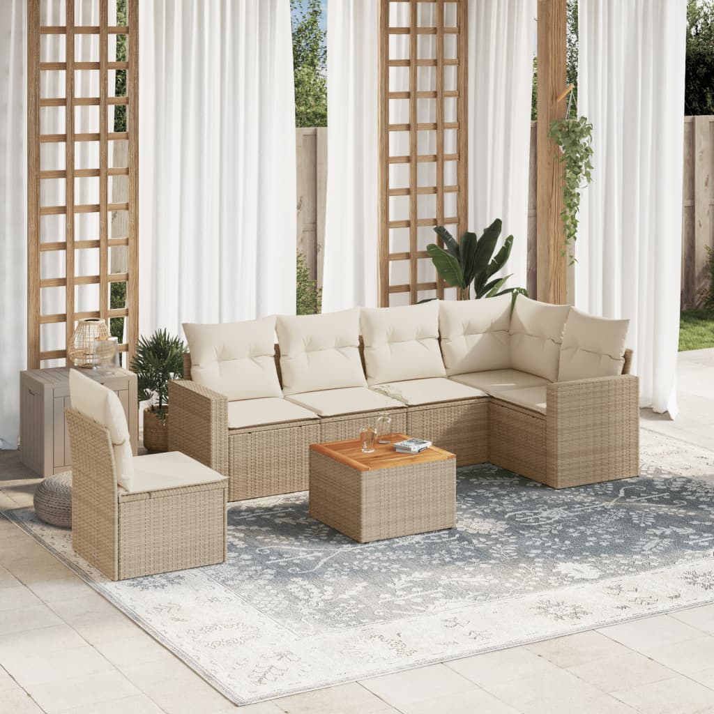 7-delige Loungeset met kussens poly rattan beige