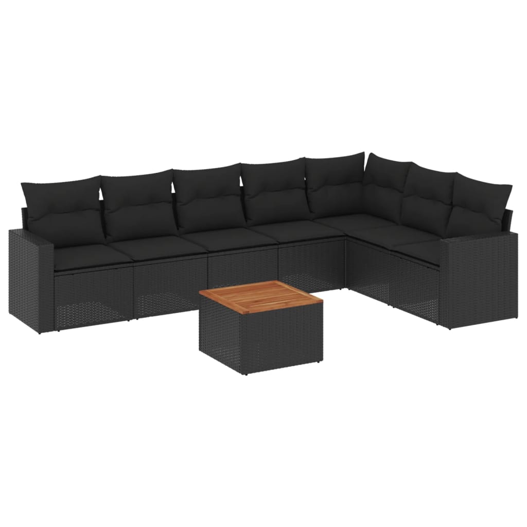 8-delige Loungeset met kussens poly rattan zwart