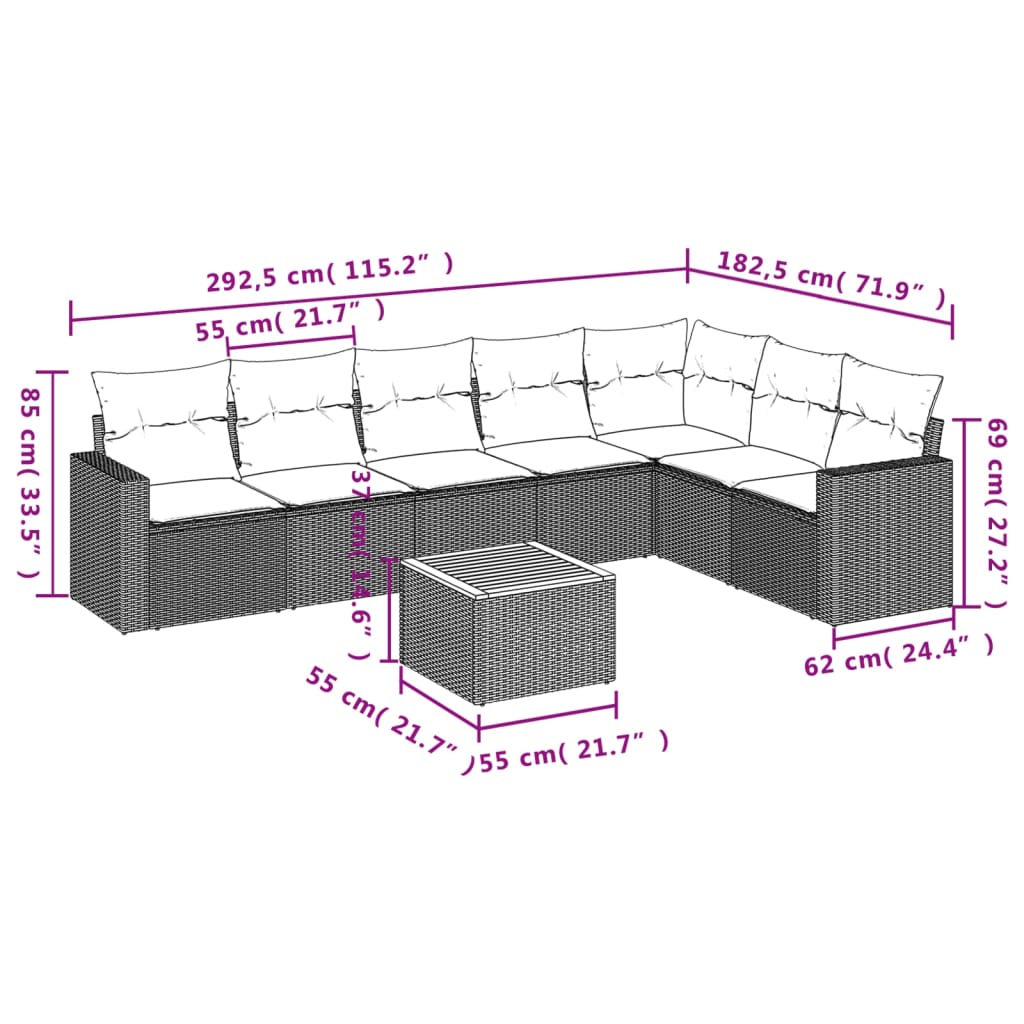 8-delige Loungeset met kussens poly rattan beige