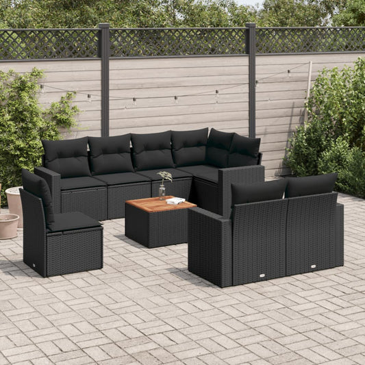 9-delige Loungeset met kussens poly rattan zwart