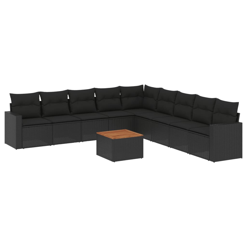 10-delige Loungeset met kussens poly rattan zwart