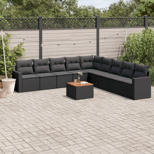 10-delige Loungeset met kussens poly rattan zwart