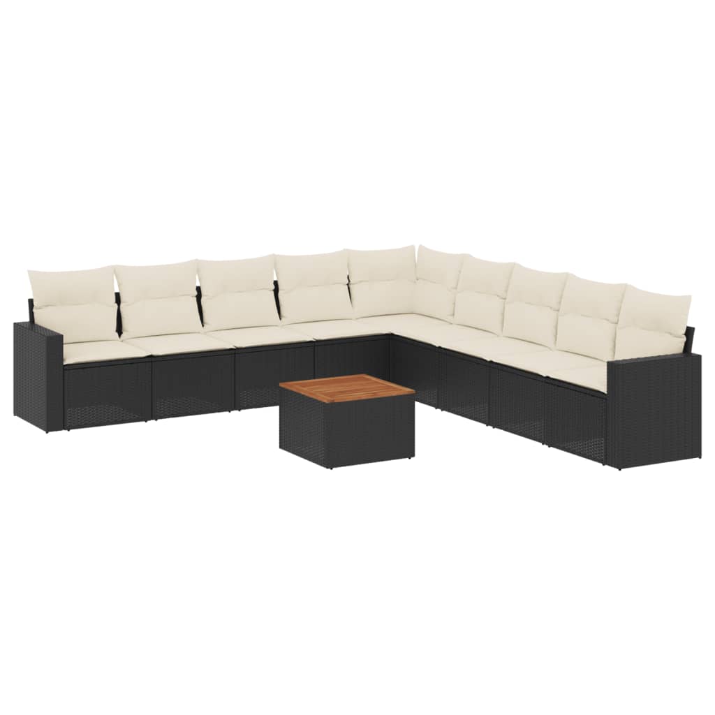 10-delige Loungeset met kussens poly rattan zwart