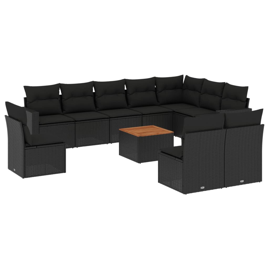 11-delige Loungeset met kussens poly rattan zwart