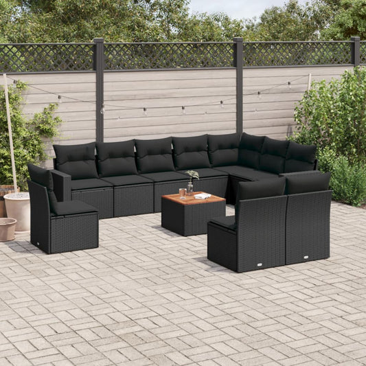 11-delige Loungeset met kussens poly rattan zwart