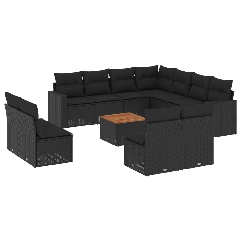 12-delige Loungeset met kussens poly rattan zwart