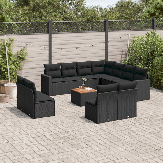 12-delige Loungeset met kussens poly rattan zwart