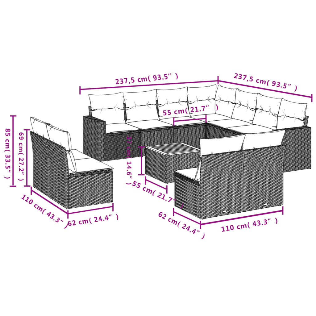 12-delige Loungeset met kussens poly rattan zwart