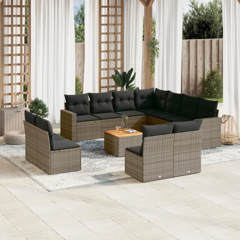 12-delige Loungeset met kussens poly rattan grijs