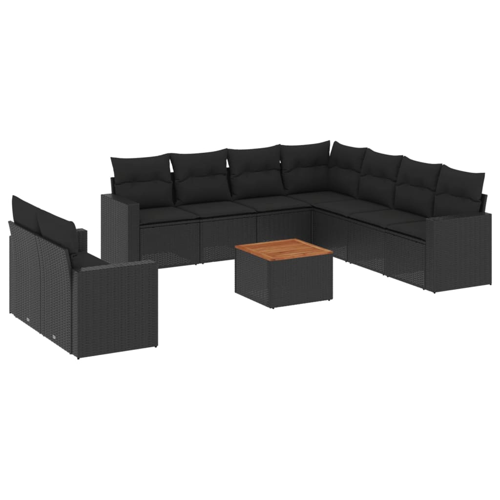 10-delige Loungeset met kussens poly rattan zwart