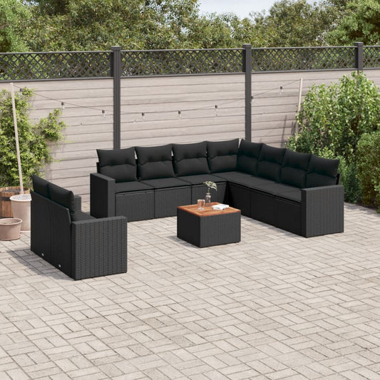 10-delige Loungeset met kussens poly rattan zwart