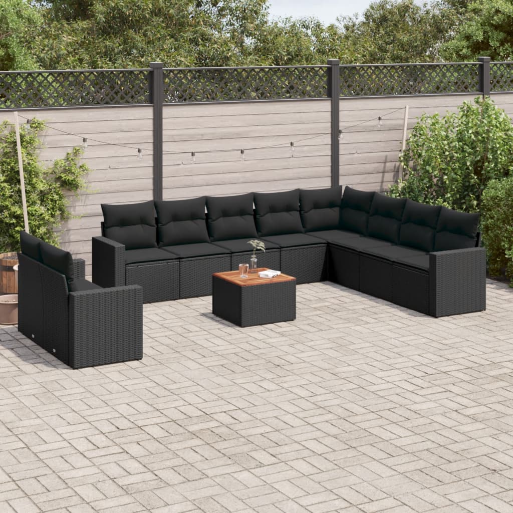 11-delige Loungeset met kussens poly rattan zwart