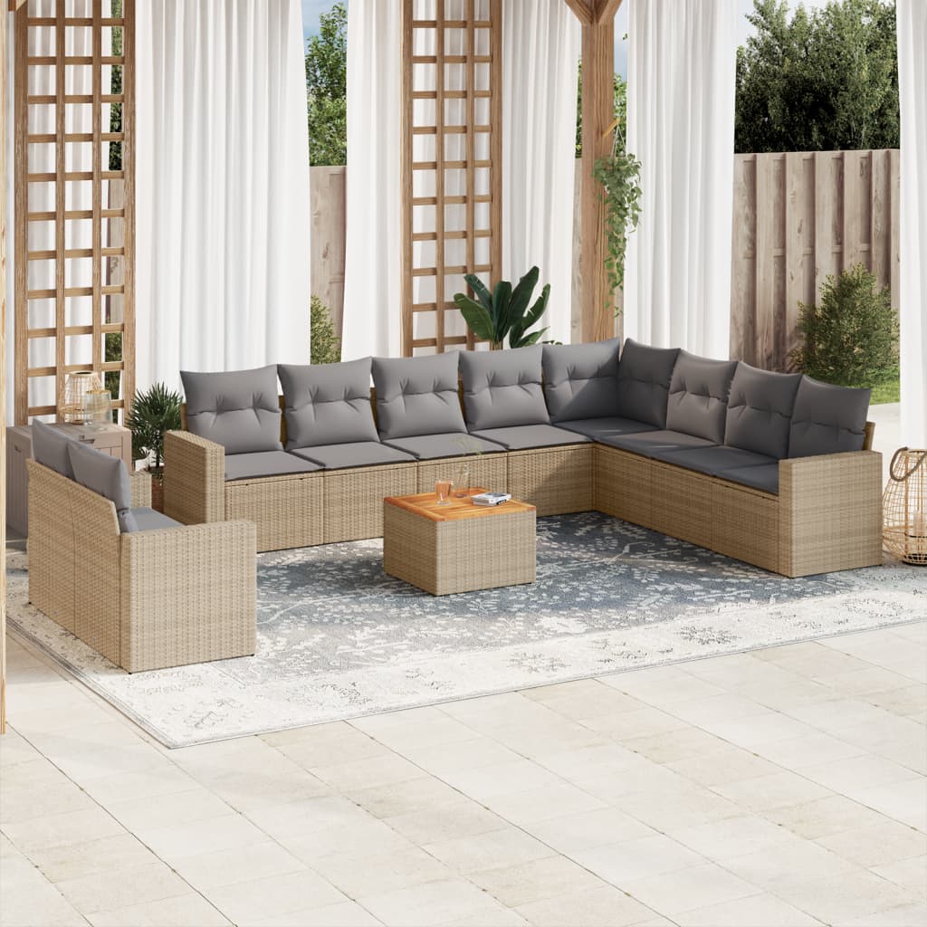 11-delige Loungeset met kussens poly rattan gemengd beige