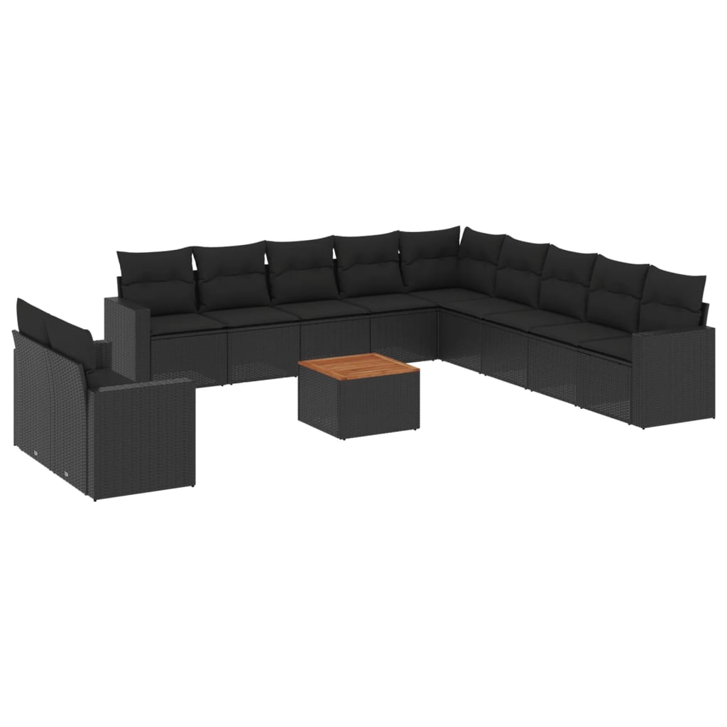 12-delige Loungeset met kussens poly rattan zwart