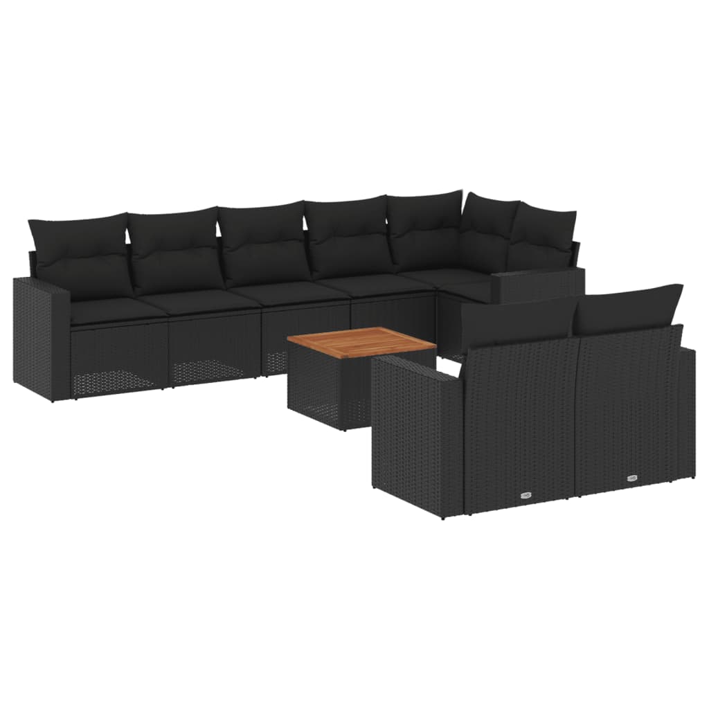 9-delige Loungeset met kussens poly rattan zwart