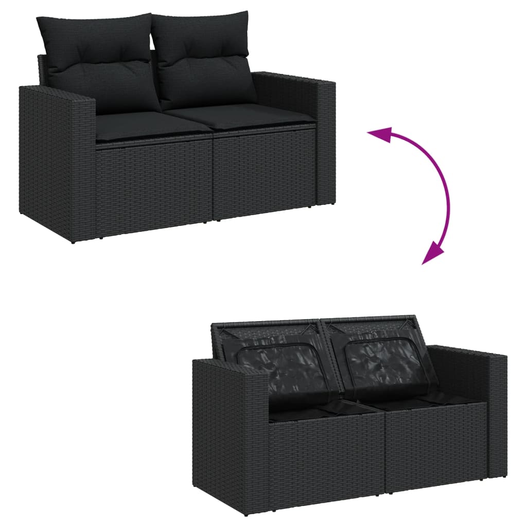 9-delige Loungeset met kussens poly rattan zwart