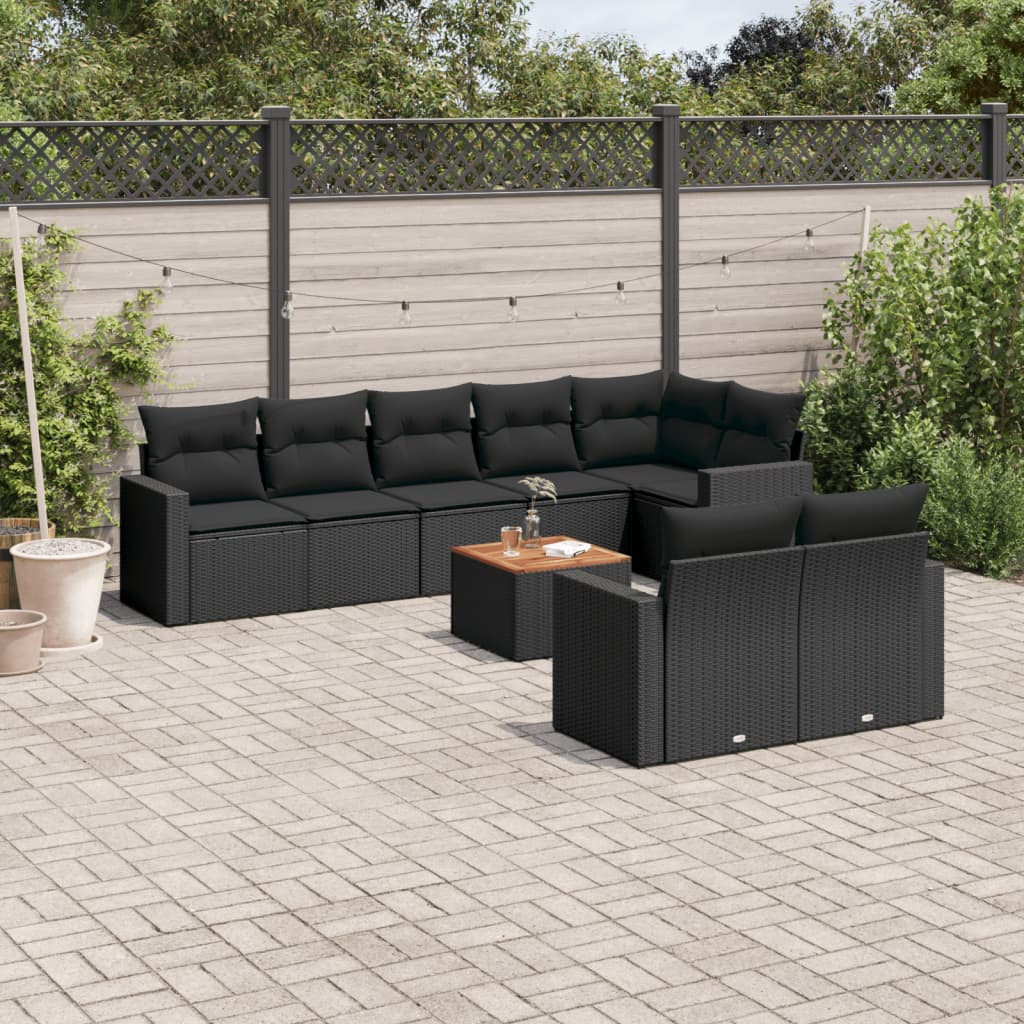 9-delige Loungeset met kussens poly rattan zwart