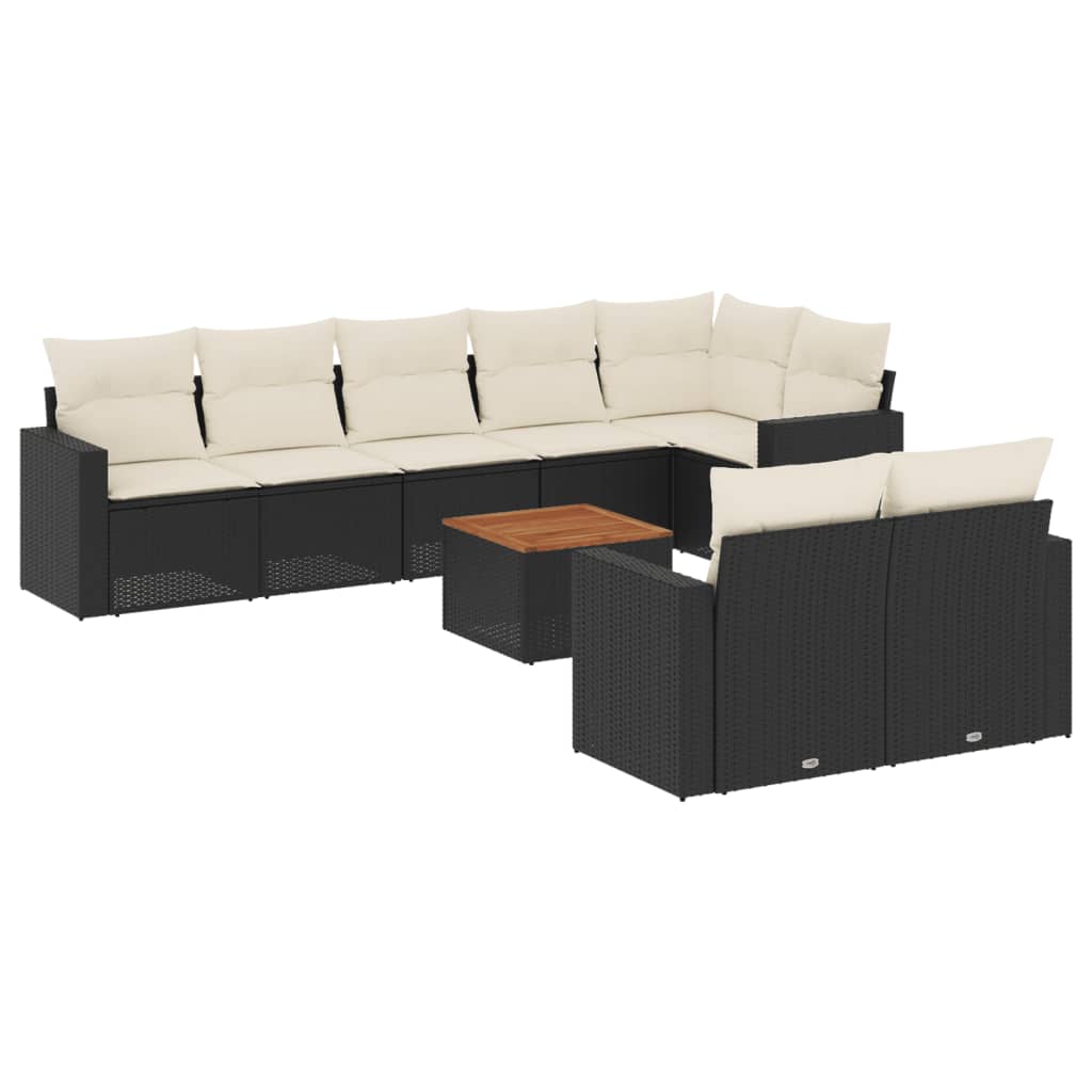 9-delige Loungeset met kussens poly rattan zwart