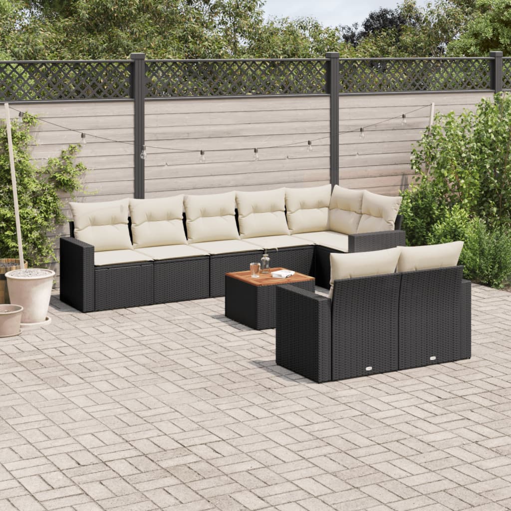 9-delige Loungeset met kussens poly rattan zwart