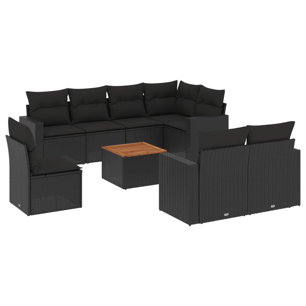 9-delige Loungeset met kussens poly rattan zwart