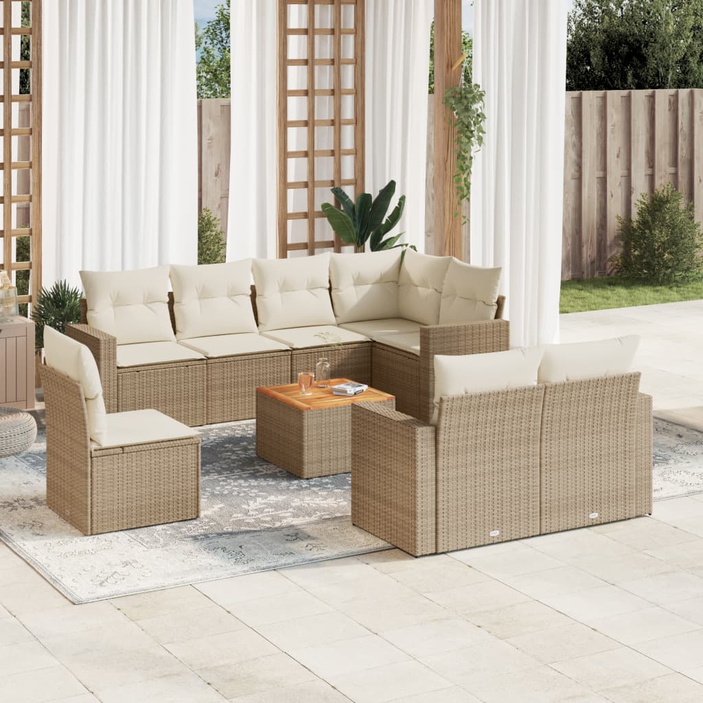 9-delige Loungeset met kussens poly rattan beige