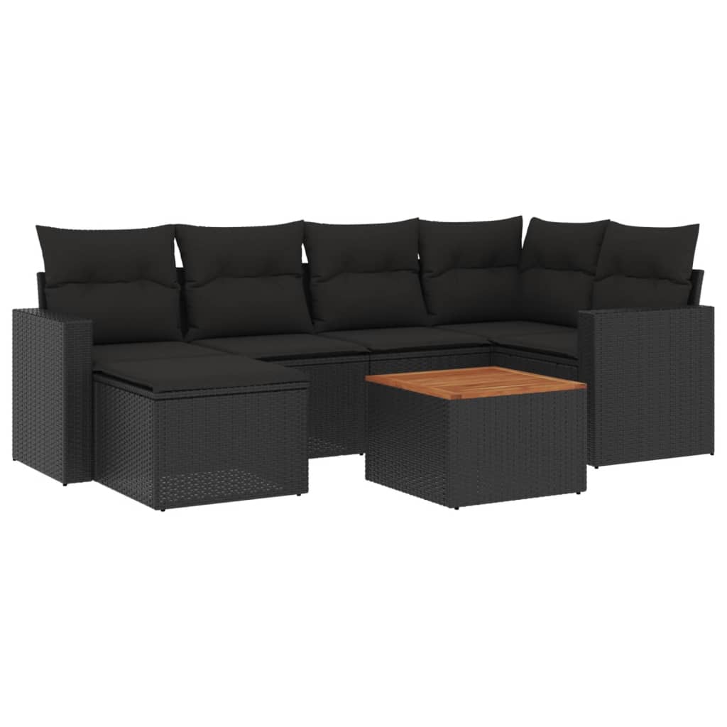 7-delige Loungeset met kussens poly rattan zwart